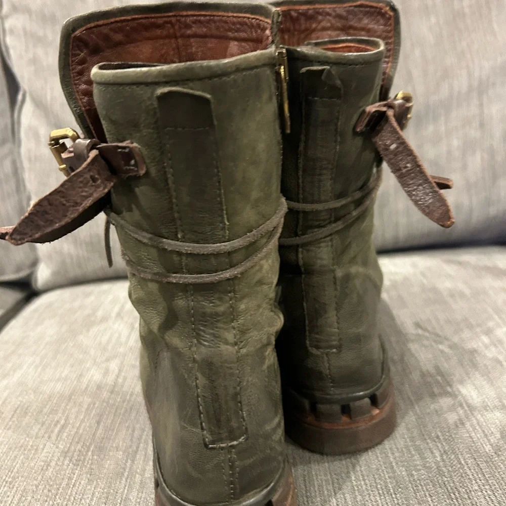 A.S.98 Olive Green Leather Lace-Up Ankle Boots with Brown Strap - Picture 2 of 7